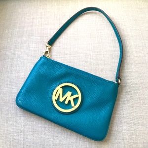 MK Michael Kors Teal Wristlet with Gold Hardware
